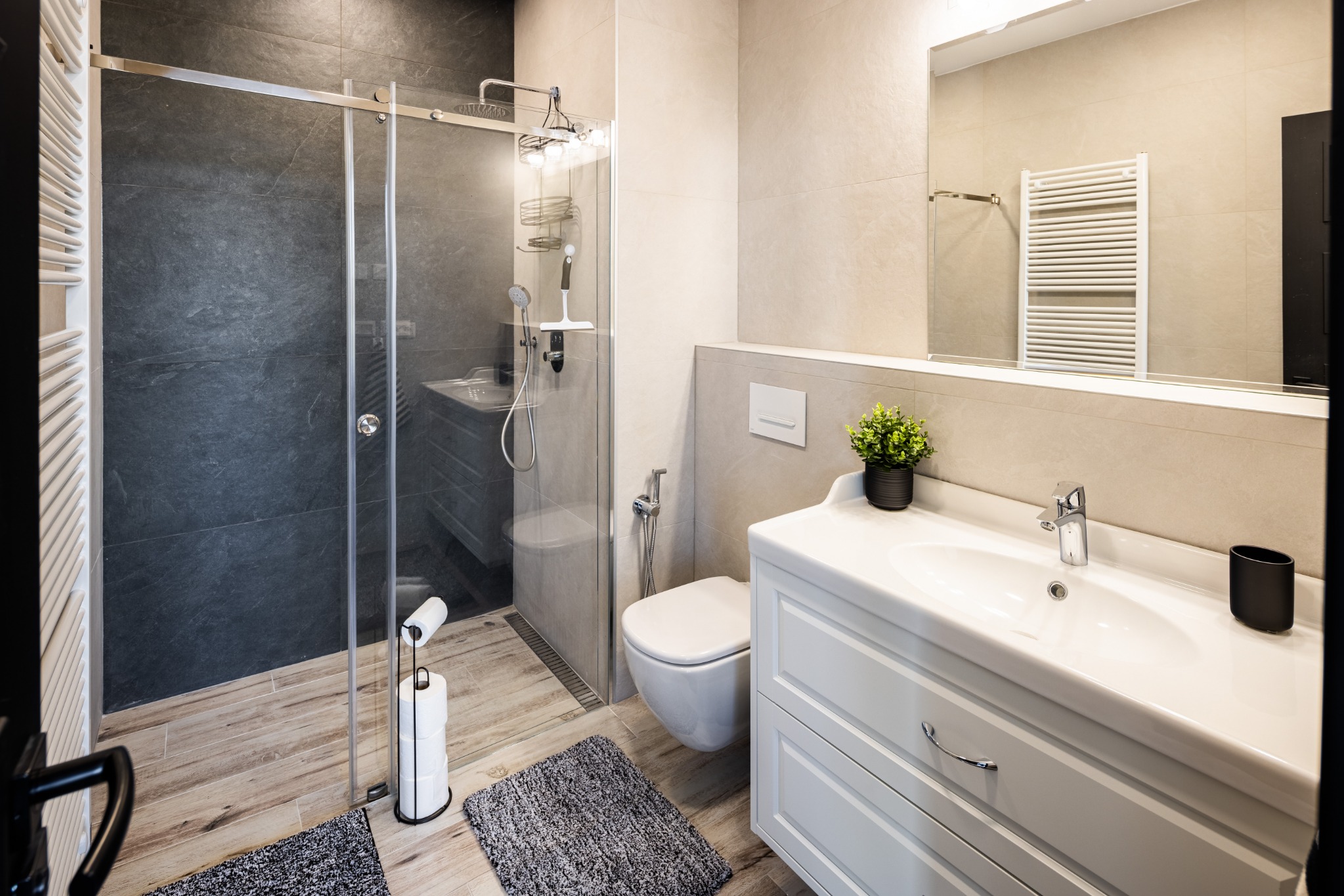 Bathroom with glass shower enclosure and vanity at The Riverview 3BR Luxury Residence Piešťany